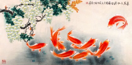 河南美協董書林四尺九魚圖《春風九如圖》