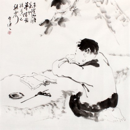 【已售】陳漫之四尺斗方水墨人物畫《階前梧葉已秋聲》（詢價）