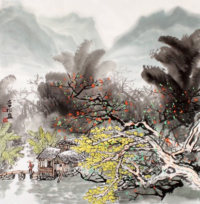 民盟美協理事黃奇松四尺斗方《山村秋景圖》