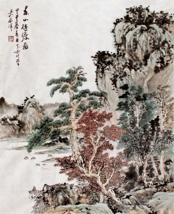 劉洋四尺三開精品山水畫《春山待渡圖》