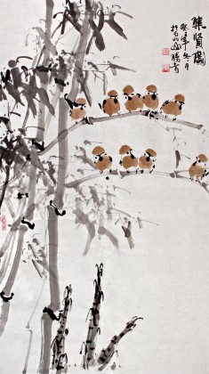李勝春三尺竹鳥畫《集賢圖》
