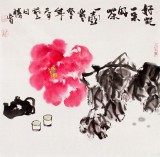 【已售】李勝春三尺斗方牡丹畫《好花一朵好茶一壺》