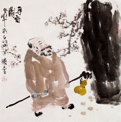 李勝春三尺斗方梅花人物畫《尋香圖》