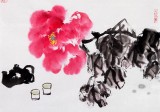 【已售】李勝春三尺斗方牡丹畫《好花一朵好茶一壺》