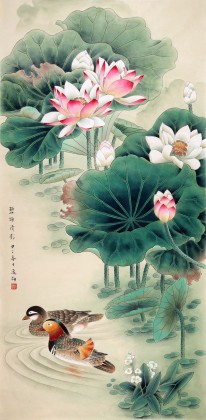 【已售】著名工筆畫家趙逸梅四尺工筆蓮池鴛鴦圖《碧塘清影》已裱片