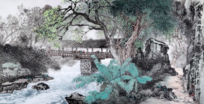 民盟美協理事黃奇松四尺《橋牽兩岸青山翠》