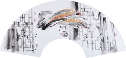 當(dāng)代水墨漫畫名家 強(qiáng)春云扇畫《金玉盈門》