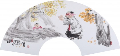 當代水墨漫畫名家 強春云扇畫《躲貓貓》