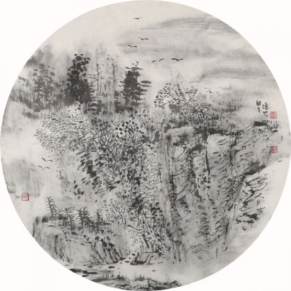 當(dāng)代水墨漫畫(huà)名家 強(qiáng)春云扇畫(huà) 《鳥(niǎo)鳴山更幽》
