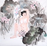 【已售】當代著名寫意人物畫家 魏志平四尺斗方《小荷》