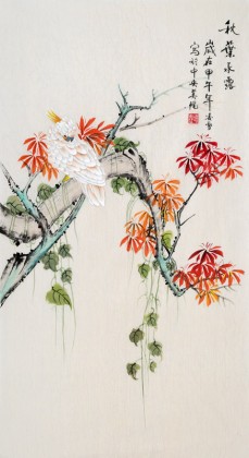 北京美協凌雪 三尺花鳥畫《秋葉承露》