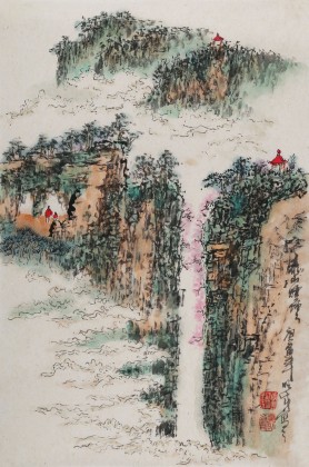 李明成四尺三開(kāi)寫(xiě)意山水畫(huà)《泰山煙云》