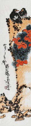 【已售】名家王永剛四尺對開手指畫《雙棲》(詢價)