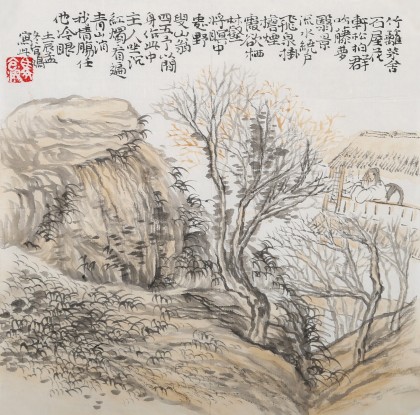 福建美協官鴻小尺寸《竹籬茅舍》
