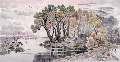朝鮮畫家趙元哲 四尺《湖上春光》