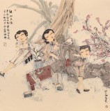 【已售】著名青年畫家李翔峰 四尺斗方《觀桃花圖》