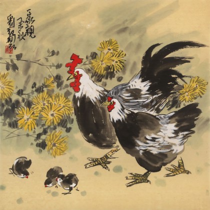 【已售】劉紀(jì)四尺斗方花鳥畫《一家親》