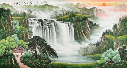 吳東六尺聚寶盆山水畫《旭日祥云》
