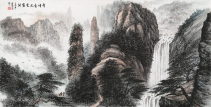 湖南省著名山水老畫家唐圣熙 四尺《奇峰秀水云霧間》