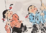 當代鄉(xiāng)土童趣繪畫名家尹和平 四尺《捕蜻蜓》