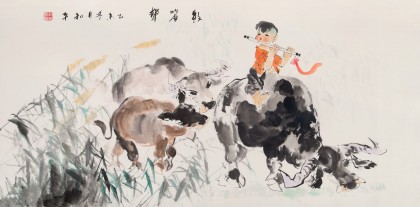 當代鄉土童趣繪畫名家尹和平 四尺《牧笛聲》