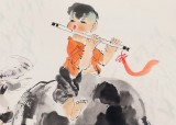 當代鄉土童趣繪畫名家尹和平 四尺《牧笛聲》