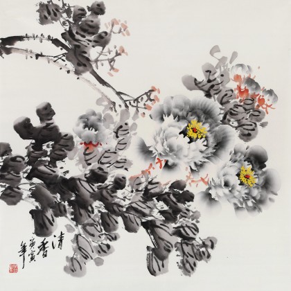 王寶欽 精品四尺斗方水墨牡丹圖《清香》當代花鳥牡丹畫名家（詢價）