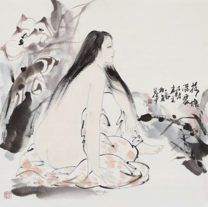 李立辰四尺斗方《荷塘深處》河北著名仕女畫家（詢價）