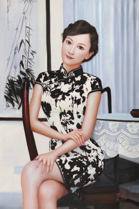 著名青年油畫家朱藝林 布面油畫 《盈盈粉妝》