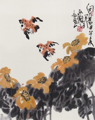 名家王永剛小尺寸手指畫《花中雙雀》(詢價)