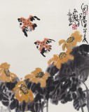 名家王永剛小尺寸手指畫《花中雙雀》(詢價)