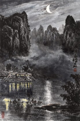 申凌翔 四尺三開《夜漁圖》 廣西山水畫名家