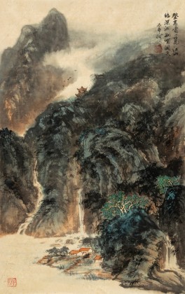【已售】何實 四尺三開《登高處一覽江山》 吉林著名山水畫家