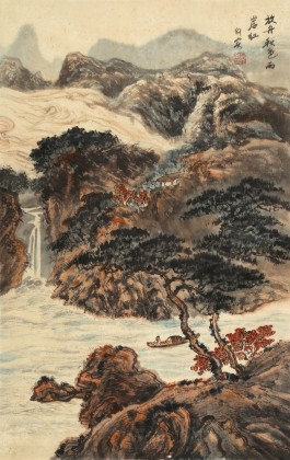 何實 四尺三開《放舟秋色兩岸紅》 吉林著名山水畫家