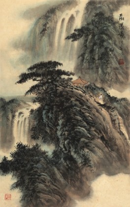 【已售】何實 四尺三開《觀瀑圖》 吉林著名山水畫家