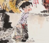 【已售】尹和平 四尺斗方《丫丫》 當代鄉土童趣繪畫名家