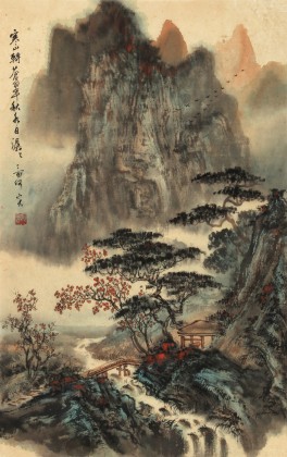 【已售】何實 四尺三開《寒山轉蒼翠》 吉林著名山水畫家