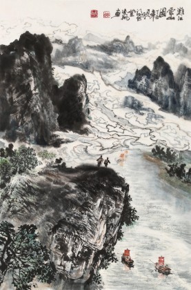 申凌翔 四尺三開《漓江云山圖》 廣西山水畫名家