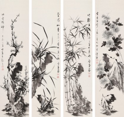 【已售】何華賢 四條屏《梅蘭竹菊》 潁淮書畫名家
