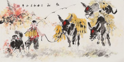 【已售】尹和平 四尺《忙秋》 當代鄉土童趣繪畫名家