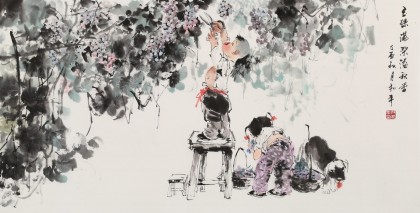 尹和平 四尺《玉珠滿架溢秋香》 當(dāng)代鄉(xiāng)土童趣繪畫(huà)名家