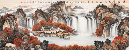 【已售】蔣元發 小六尺《源遠流長 秋山雅居》 廣西著名山水畫家（詢價）