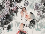 尹和平 四尺《玉珠滿架溢秋香》 當(dāng)代鄉(xiāng)土童趣繪畫(huà)名家