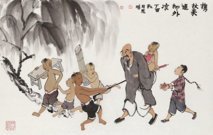 【已售】韓恩勝 四尺三開《攜杖來追柳外涼》中美協會員 水墨漫畫名家