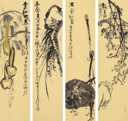 周自豪 四條屏精品《滿堂和氣》 當代著名禪意畫家
