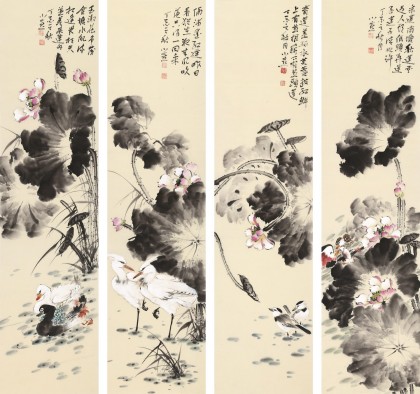 【已售】皇甫小喜 四條屏《荷韻四聯(lián)》 河南著名花鳥(niǎo)畫(huà)家