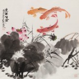 【已售】梁景欣 四尺斗方《連年有余》 青大美院學院派畫家