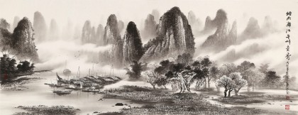 【已售】張慧仁 小六尺《煙雨漓江 千峰競秀》 廣西山水畫家協會常務理事