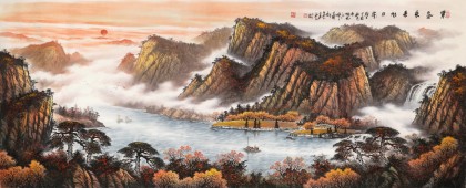 【已售】張慧仁 小八尺《紫氣東來旭日升》廣西山水畫家協會常務理事