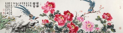 曲逸之 六尺對開《花開富貴》 河南省著名花鳥畫家